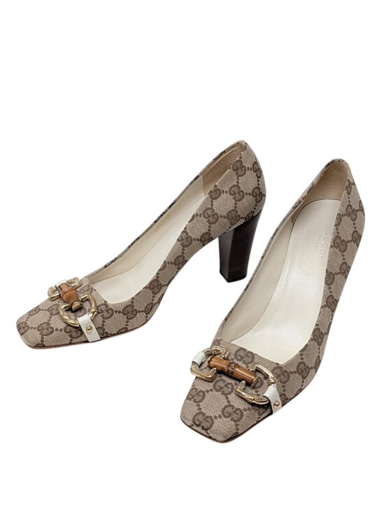 Gucci Shoes - Gucci Monogram Horsebit Bamboo Square Toe Wooden Block Heel Pump Size 7.5